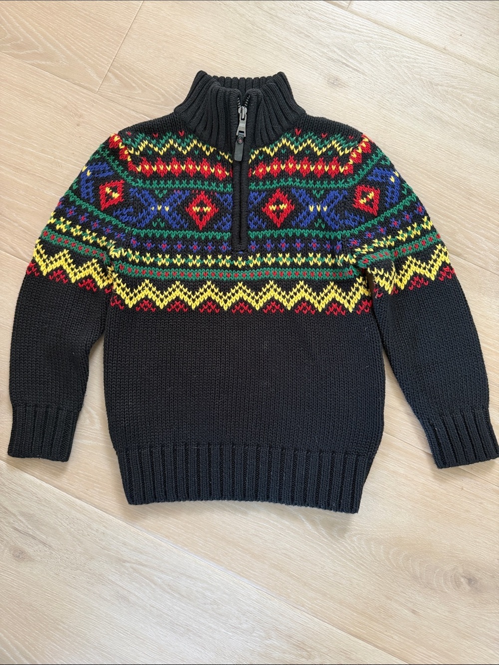 Polo Ralph Lauren Boys Small Black Fair Isle Quarter Zip Sweater Cotton